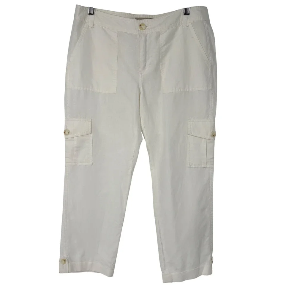 Banana Republic Martin Fit White Linen Blend Cropped Cargo‎ Pants Womens 6
